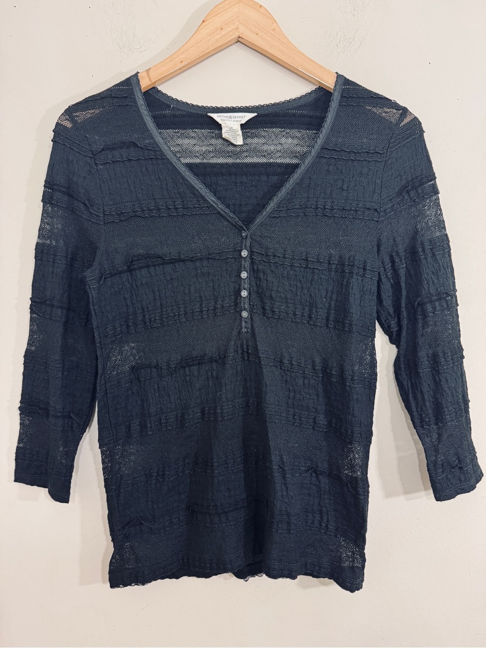VTG Denim & Supply Ralph Lauren Black Sheer Lace Henley Top Y2K Grunge Boho L